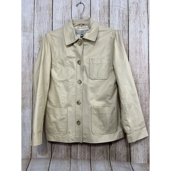 Vintage 90s Y2K Gap Leather Jacket Women Sz Small Cream Beige Button Front - Picture 2 of 9